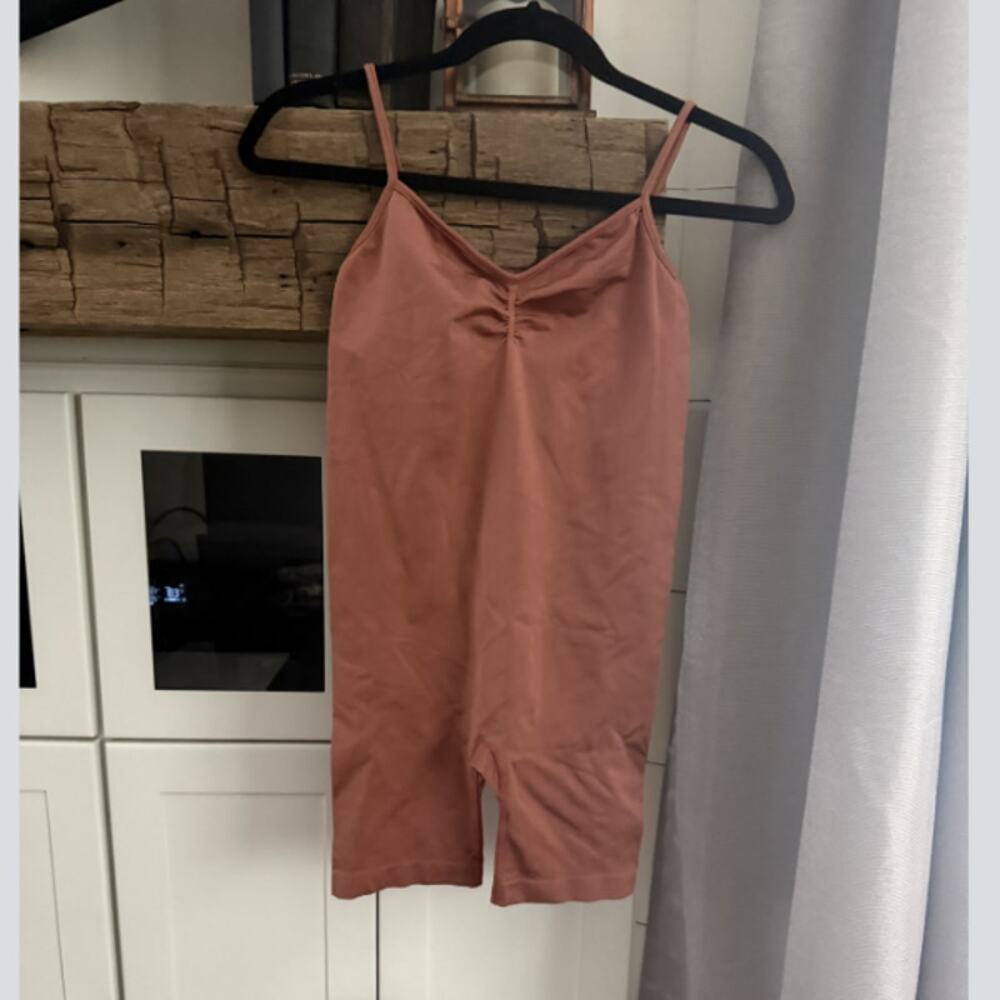 Dusty Rose Seamless Spaghetti Strap Biker Short Romper Unitard Bodysuit